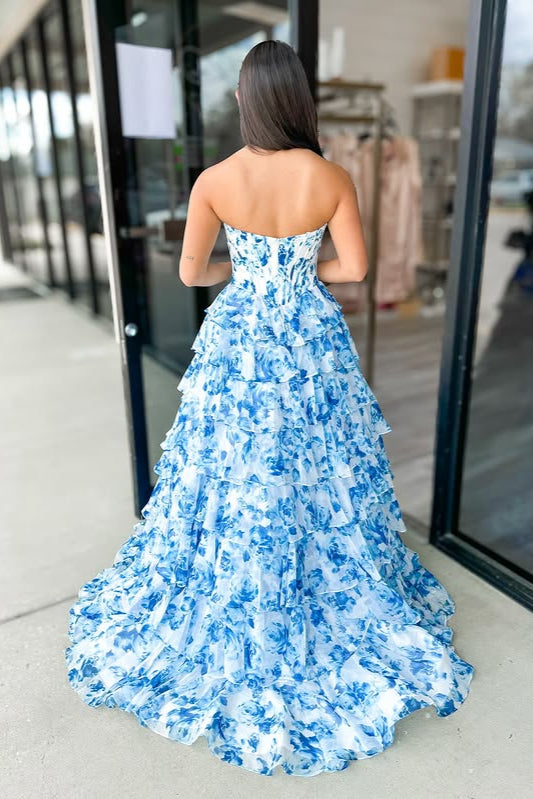 A-Line Beaded Sweetheart Strapless Tiered Party Prom Dress