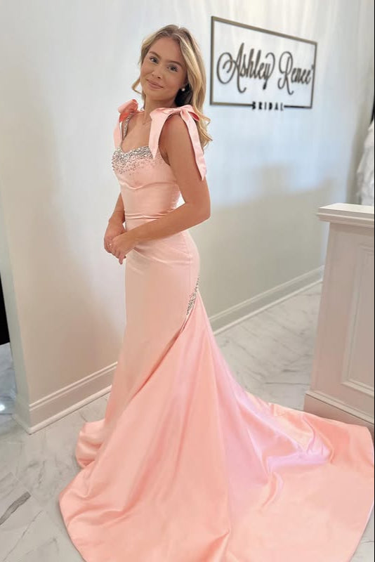 Bateau Bows Straps Beaded Mermaid Party Prom Dress