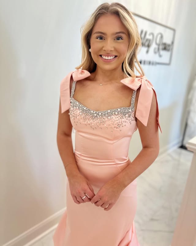 Bateau Bows Straps Beaded Mermaid Party Prom Dress