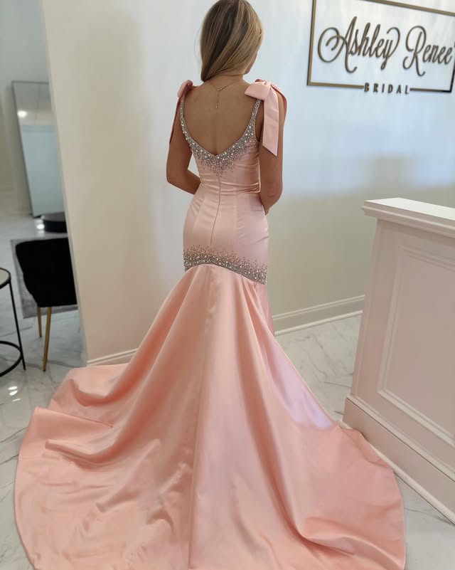 Bateau Bows Straps Beaded Mermaid Party Prom Dress