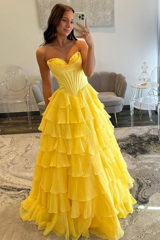 A-Line Sweetheart Strapless Tiered Formal Prom Dress