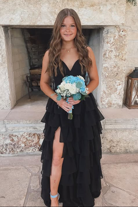 Chiffon V-Neck Spaghetti Straps A-Line Tiered Party Prom Dress