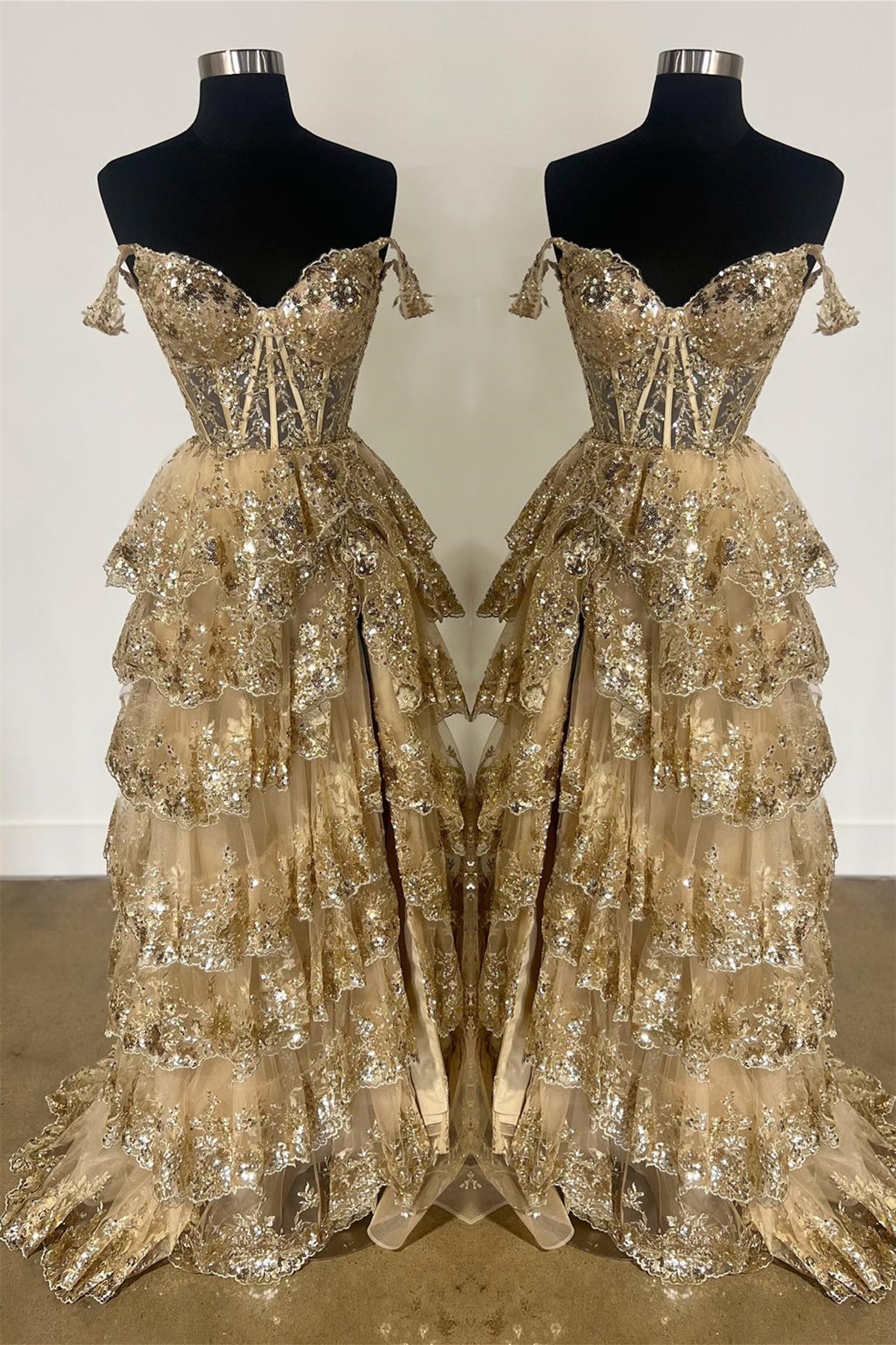 Off-Shoulder Gold Lace Applique Ruffle A-line Slit Long Prom Dress