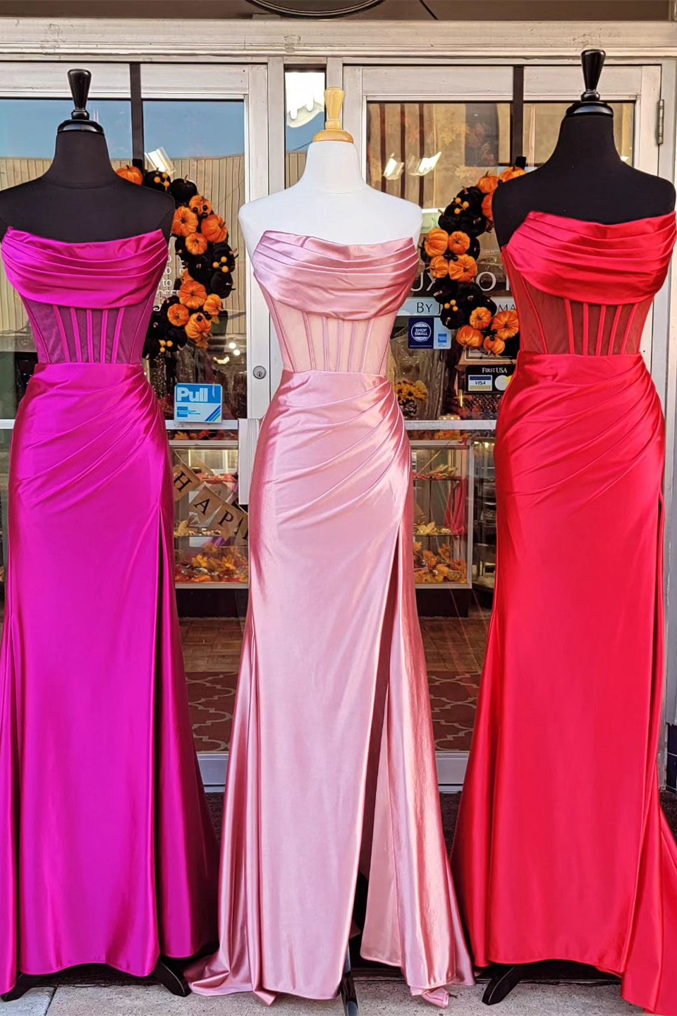 Fuchsia & Pink & Red Satin Strapless High Slit Mermaid Long Prom Dress