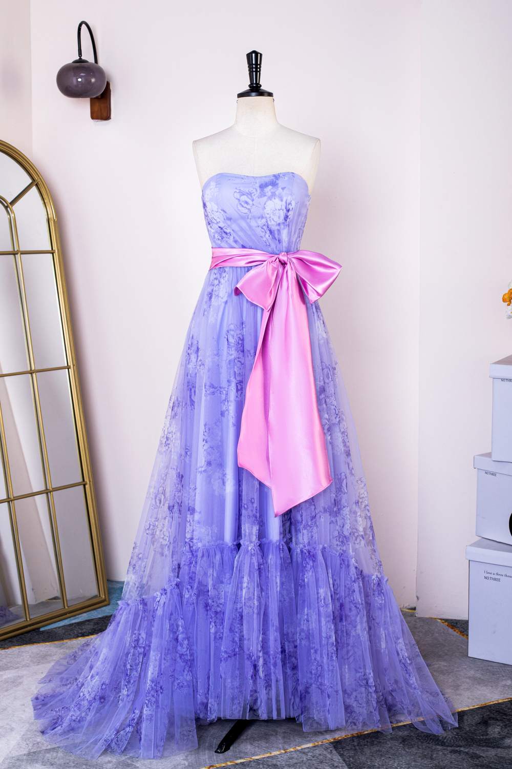 Strapless Lavender Ruffled Floral Bow Sash Long Prom Dress