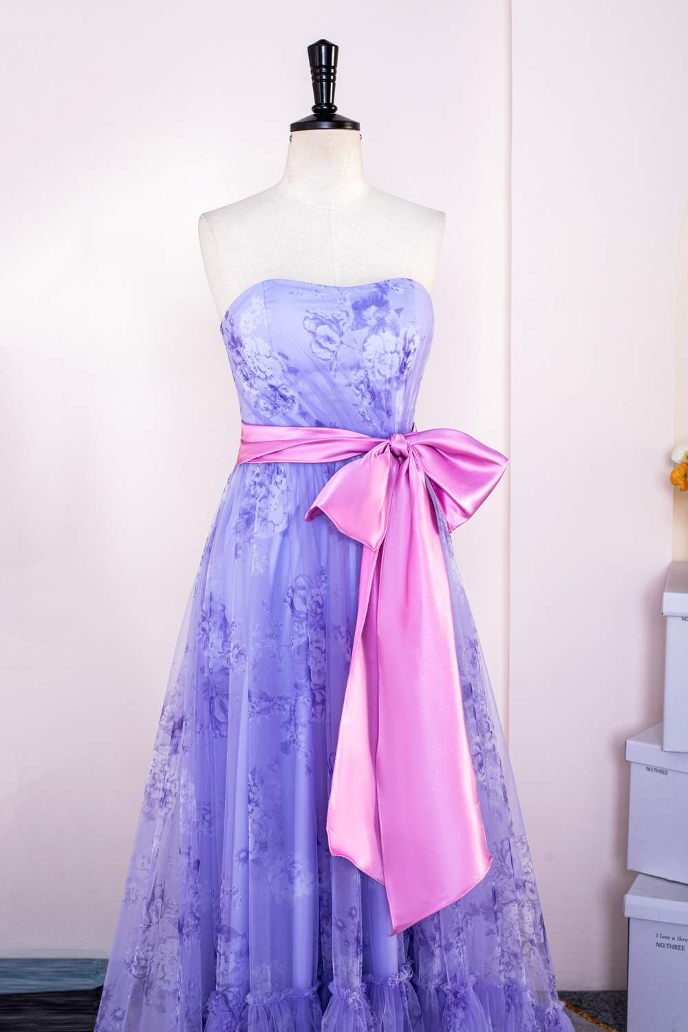 Strapless Lavender Ruffled Floral Bow Sash Long Prom Dress