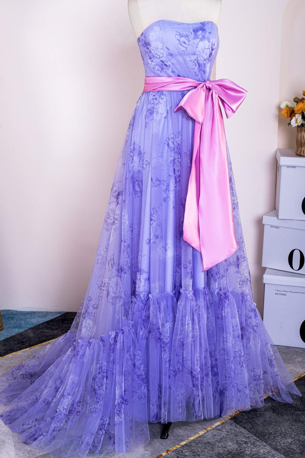 Strapless Lavender Ruffled Floral Bow Sash Long Prom Dress