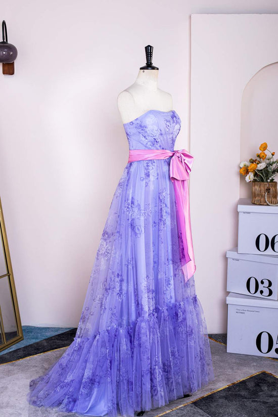 Strapless Lavender Ruffled Floral Bow Sash Long Prom Dress