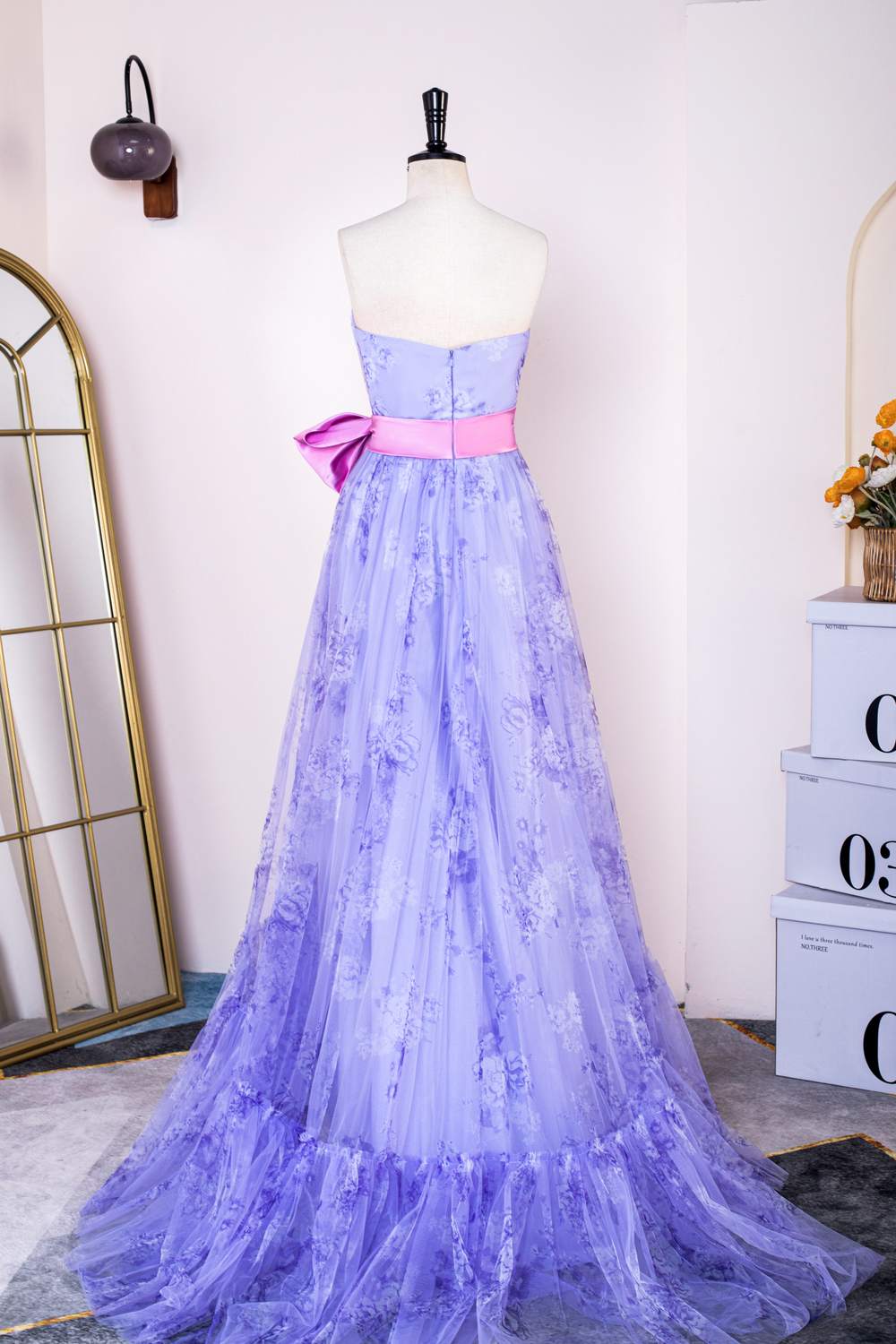 Strapless Lavender Ruffled Floral Bow Sash Long Prom Dress