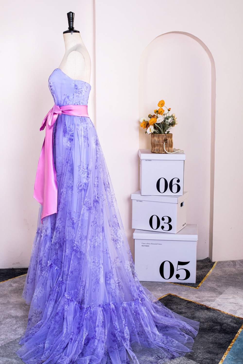 Strapless Lavender Ruffled Floral Bow Sash Long Prom Dress