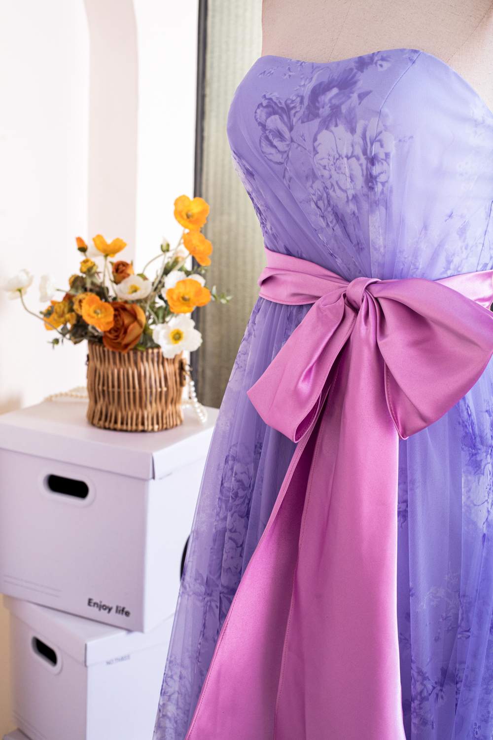 Strapless Lavender Ruffled Floral Bow Sash Long Prom Dress