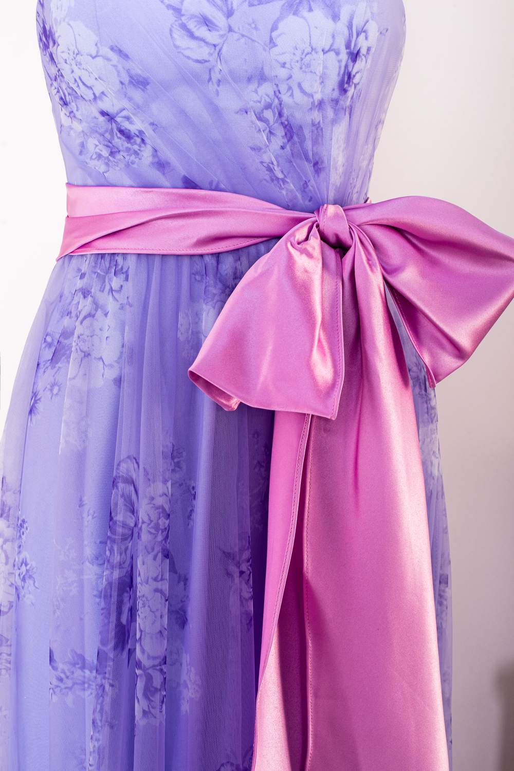 Strapless Lavender Ruffled Floral Bow Sash Long Prom Dress