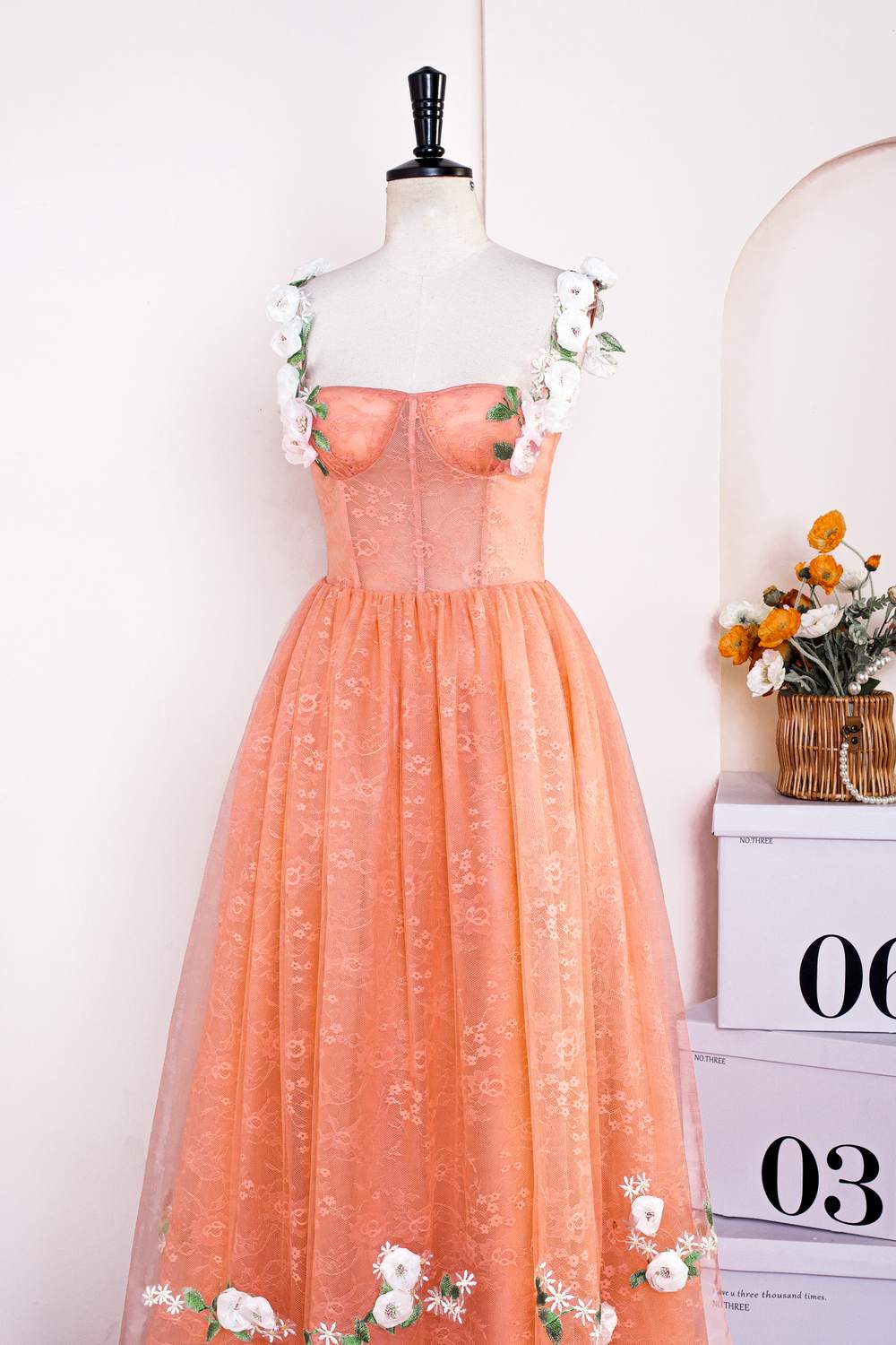 Flower Straps Orange Lace Applique A-line Prom Dress