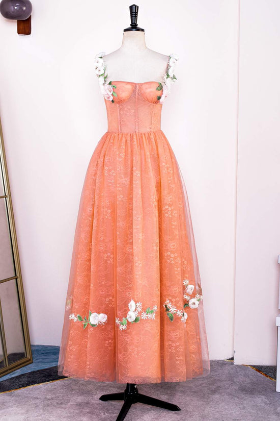 Flower Straps Orange Lace Applique A-line Prom Dress