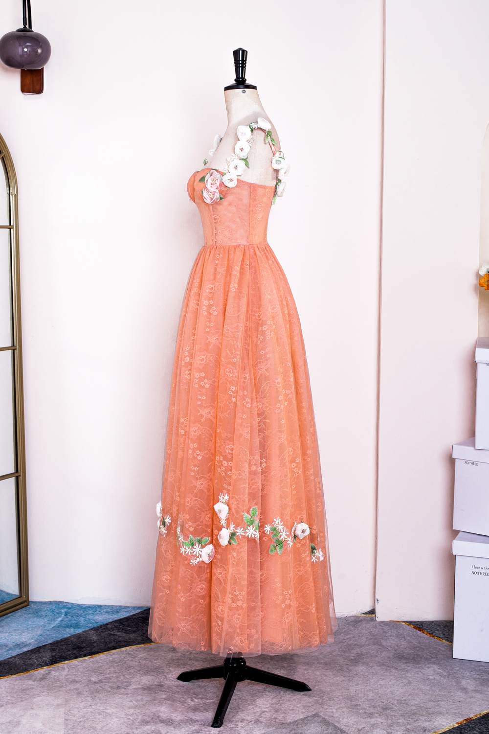 Flower Straps Orange Lace Applique A-line Prom Dress