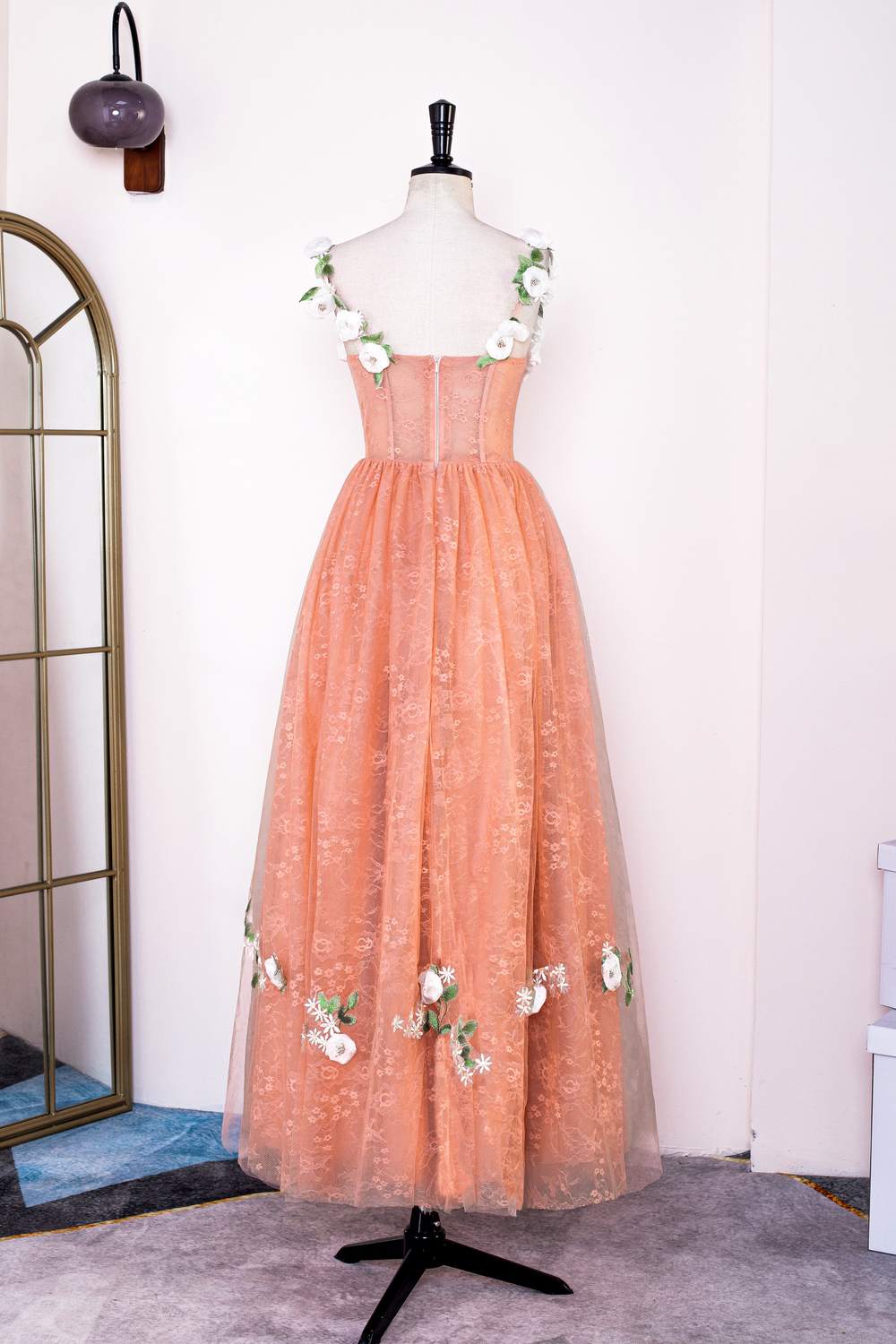 Flower Straps Orange Lace Applique A-line Prom Dress