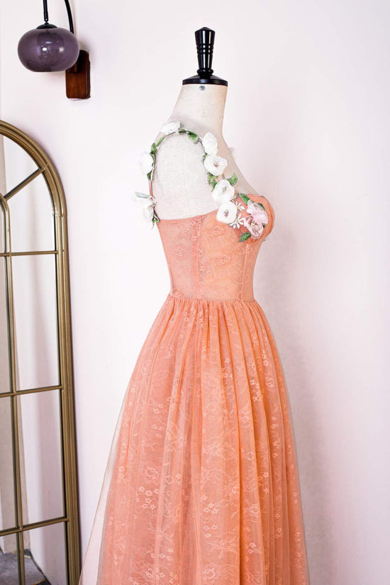 Flower Straps Orange Lace Applique A-line Prom Dress