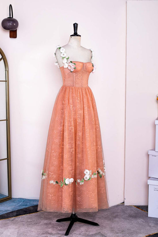 Flower Straps Orange Lace Applique A-line Prom Dress