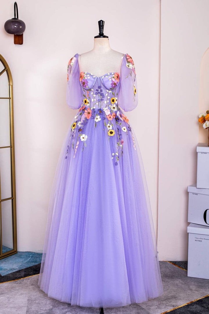 Puff Sleeves Lavender Floral Appliques  A-line Tulle Long Prom Dress