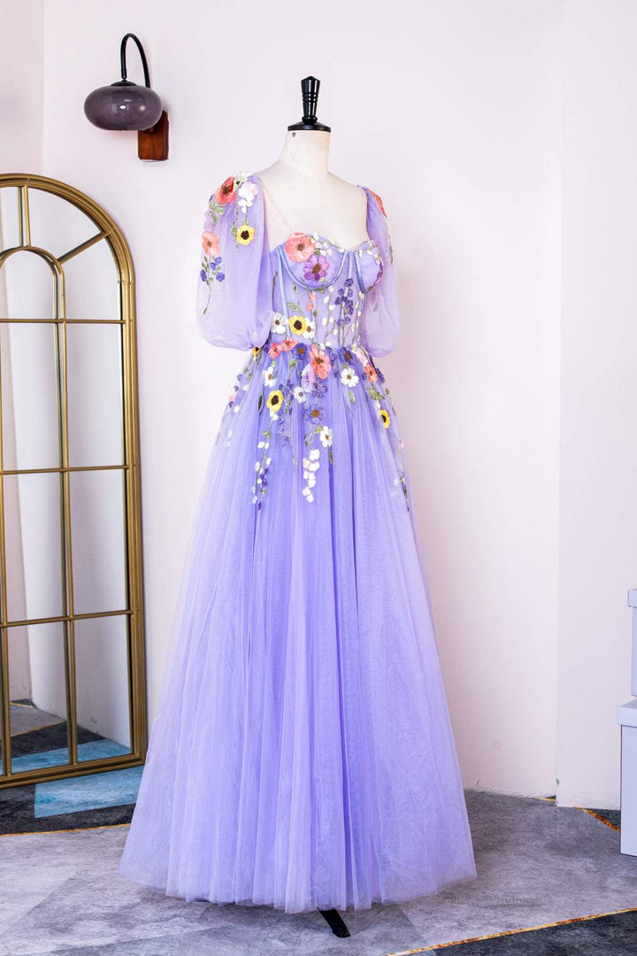 Puff Sleeves Lavender Floral Appliques  A-line Tulle Long Prom Dress