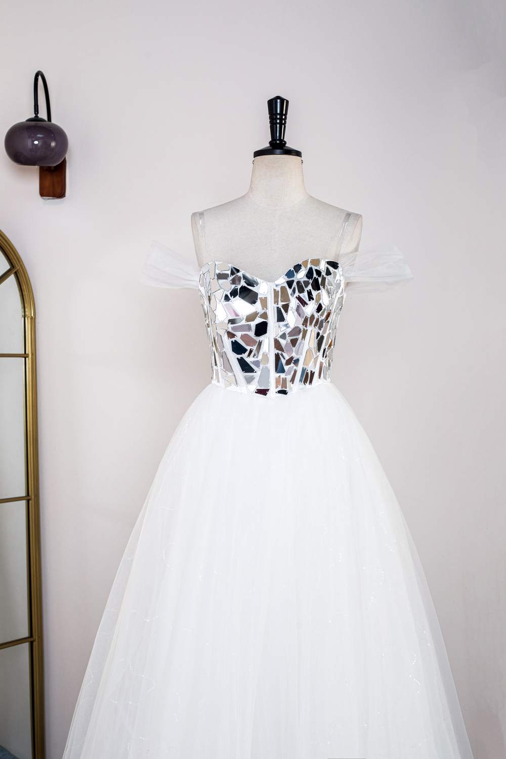 White A-line Tulle Long Prom Dress with Mirror-Cut Sequined Top