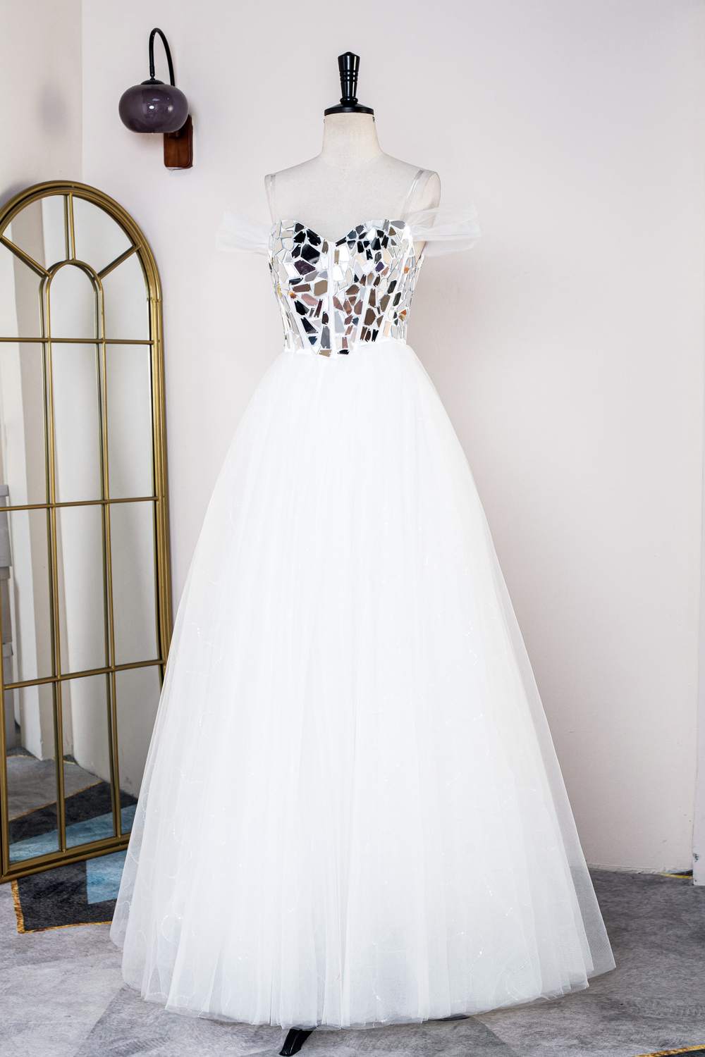 White A-line Tulle Long Prom Dress with Mirror-Cut Sequined Top