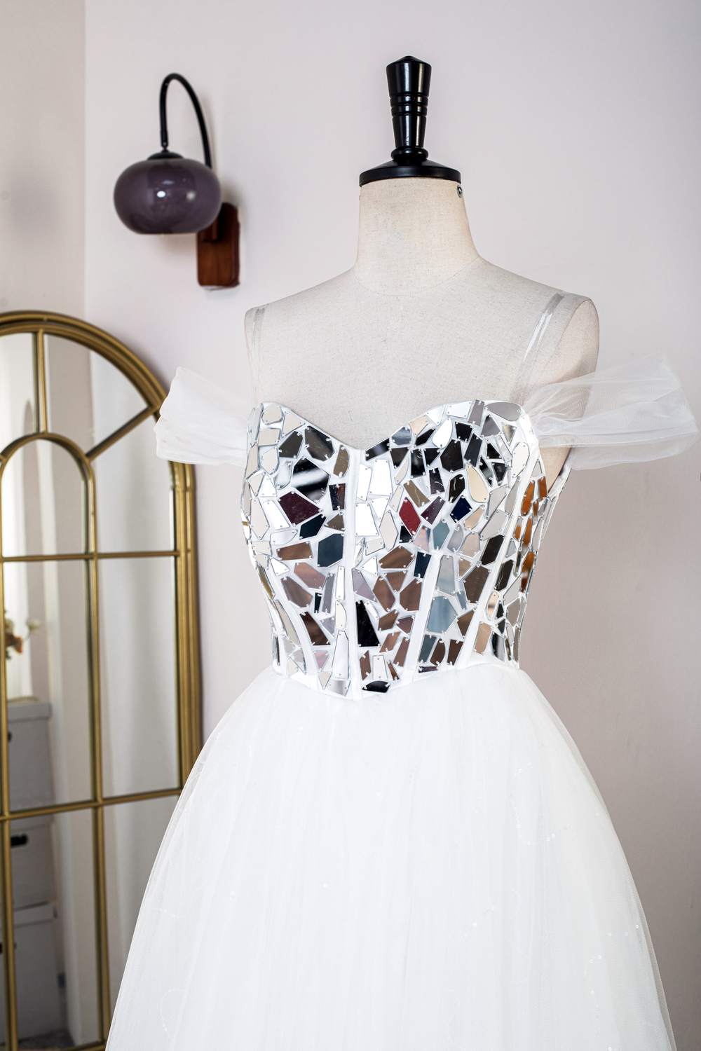 White A-line Tulle Long Prom Dress with Mirror-Cut Sequined Top