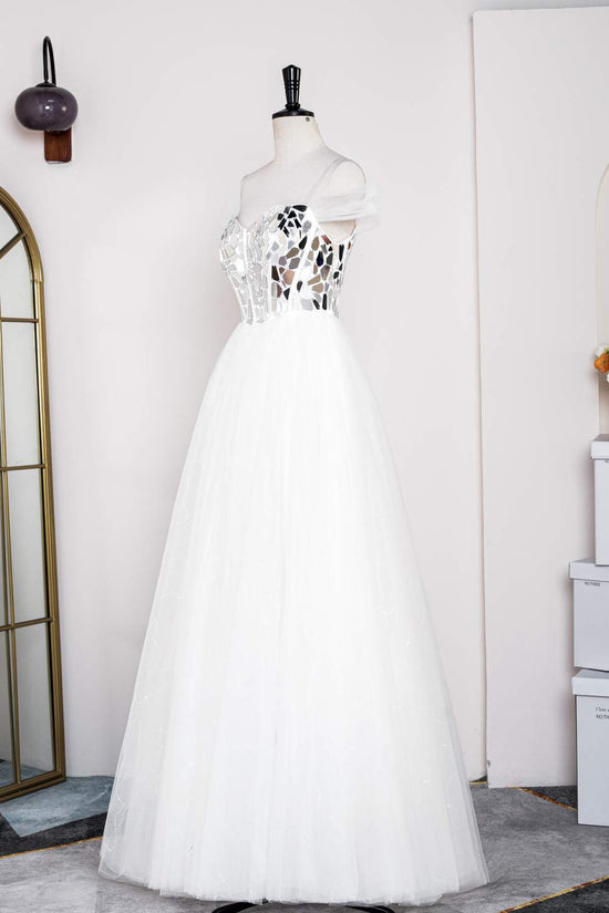 White A-line Tulle Long Prom Dress with Mirror-Cut Sequined Top