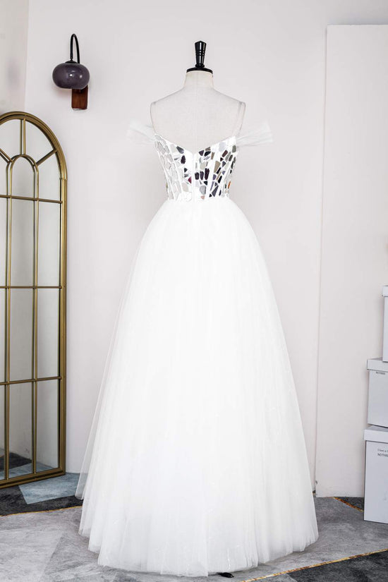 White A-line Tulle Long Prom Dress with Mirror-Cut Sequined Top