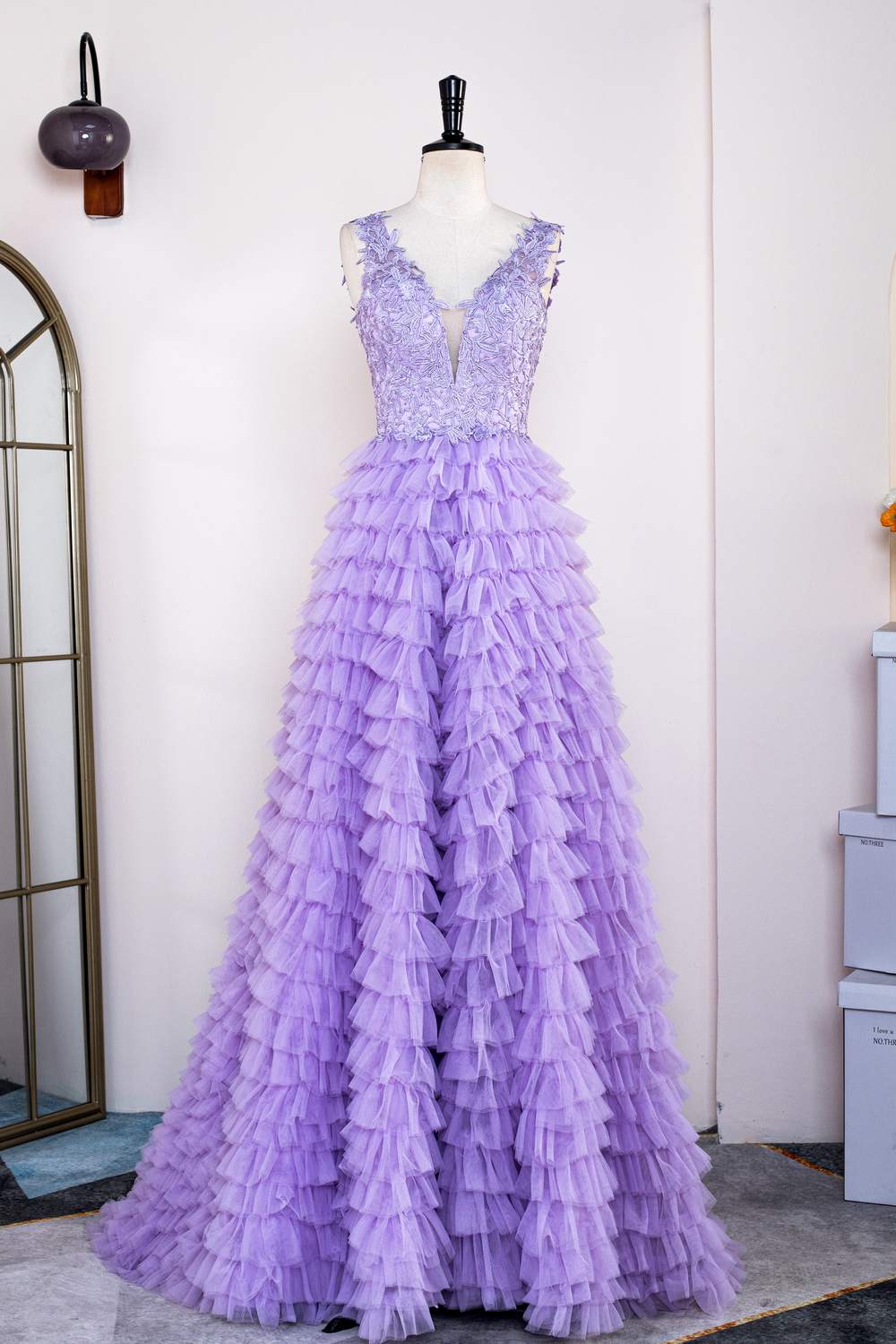 Plunging V Neck Lavender Lace Appliques Slit Long Prom Dress