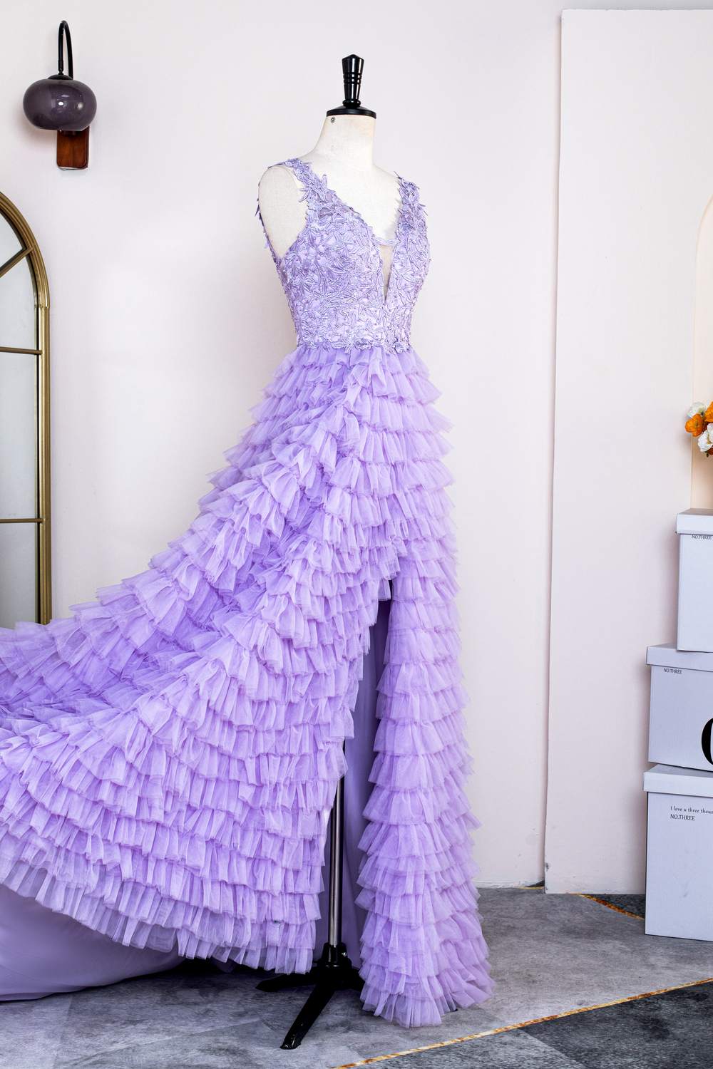 Plunging V Neck Lavender Lace Appliques Slit Long Prom Dress