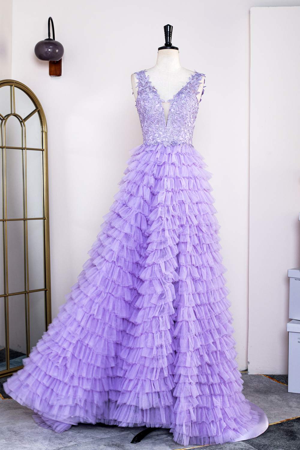 Plunging V Neck Lavender Lace Appliques Slit Long Prom Dress