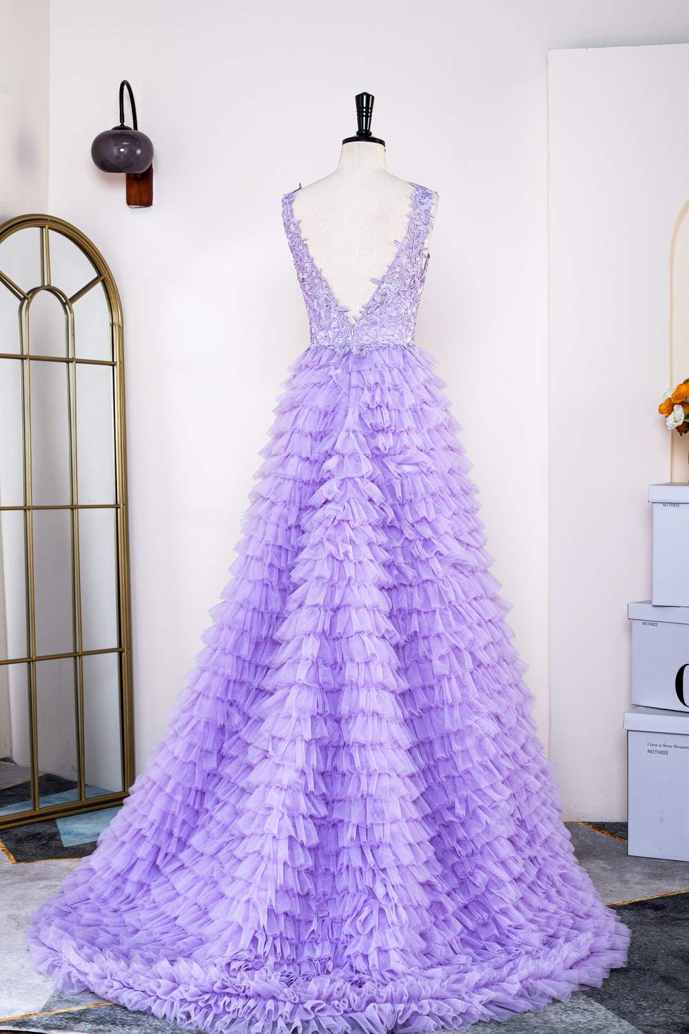 Plunging V Neck Lavender Lace Appliques Slit Long Prom Dress