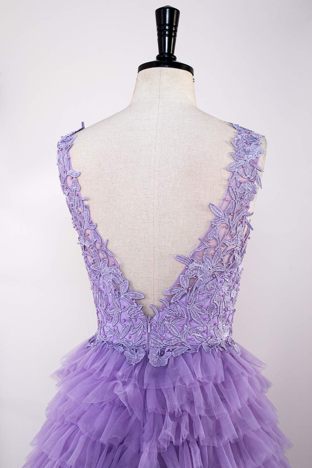 Plunging V Neck Lavender Lace Appliques Slit Long Prom Dress