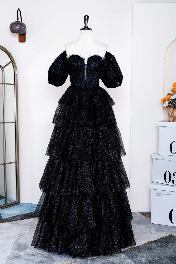 Off-Shoulder Sparkly Black Puff Sleeves Ruffle Tulle Prom Dress