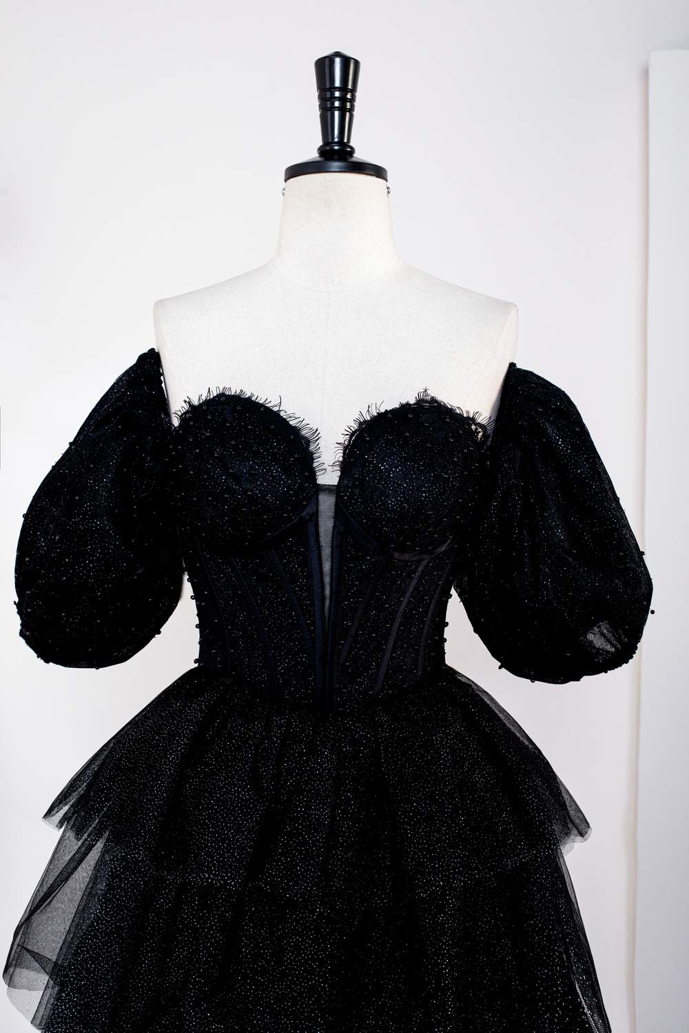 Off-Shoulder Sparkly Black Puff Sleeves Ruffle Tulle Prom Dress