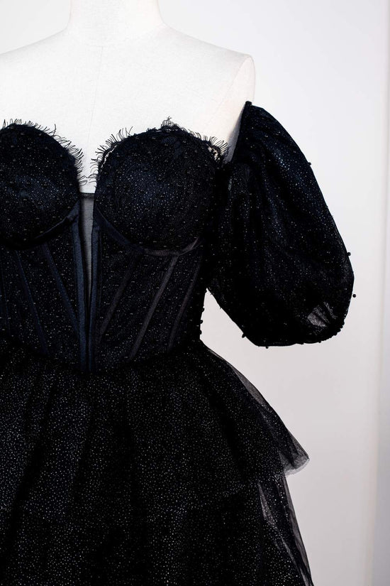 Off-Shoulder Sparkly Black Puff Sleeves Ruffle Tulle Prom Dress