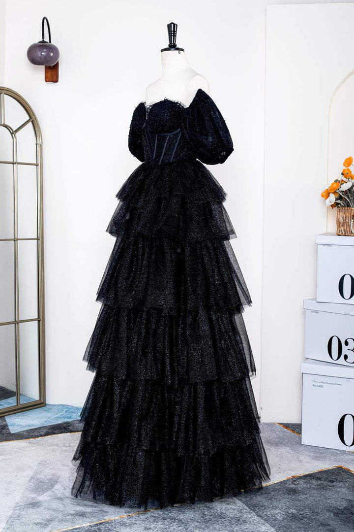 Off-Shoulder Sparkly Black Puff Sleeves Ruffle Tulle Prom Dress