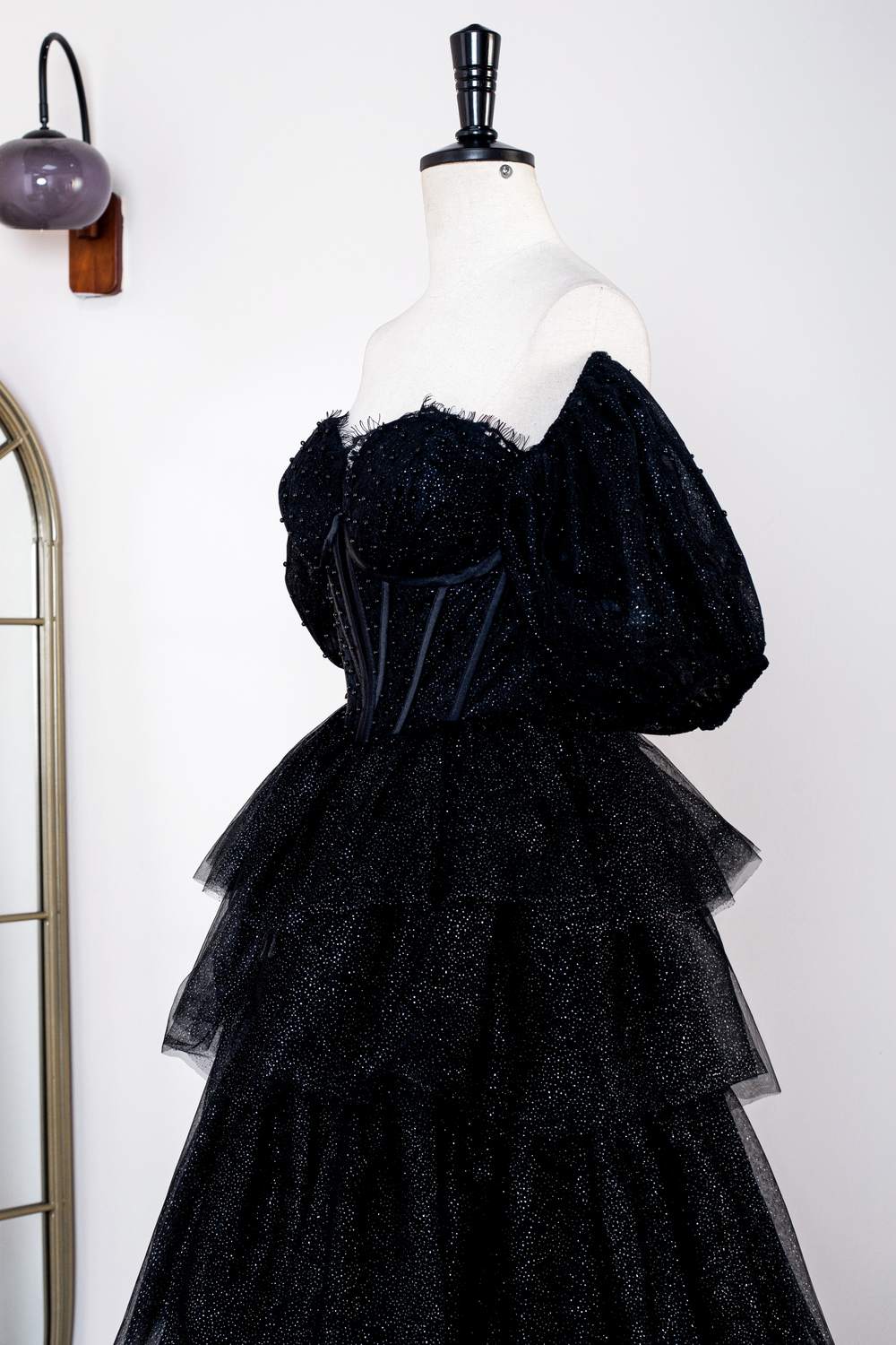 Off-Shoulder Sparkly Black Puff Sleeves Ruffle Tulle Prom Dress