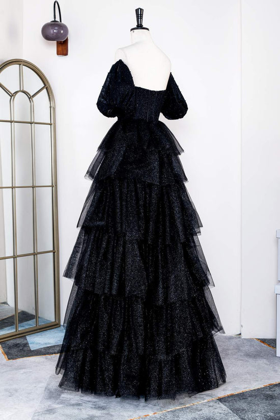 Off-Shoulder Sparkly Black Puff Sleeves Ruffle Tulle Prom Dress