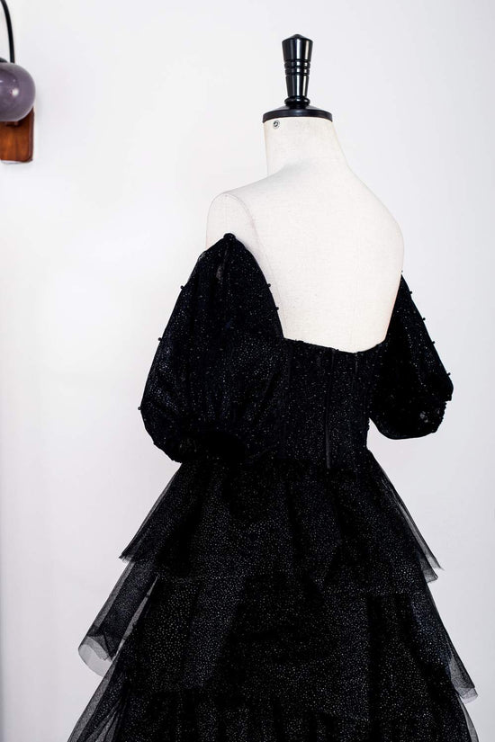 Off-Shoulder Sparkly Black Puff Sleeves Ruffle Tulle Prom Dress