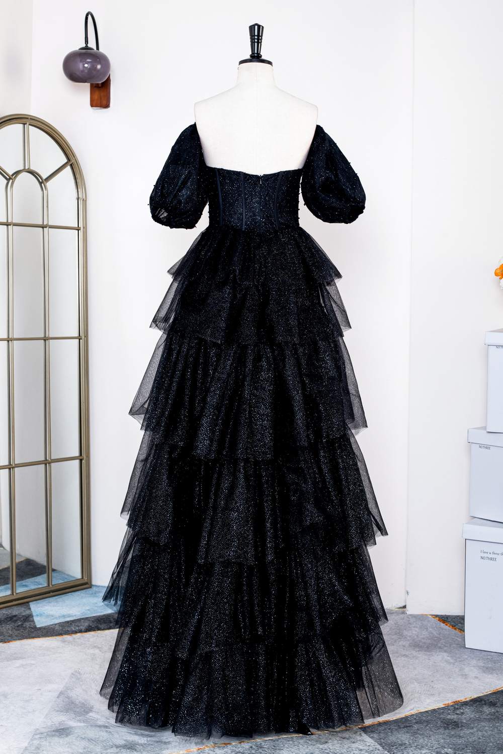 Off-Shoulder Sparkly Black Puff Sleeves Ruffle Tulle Prom Dress