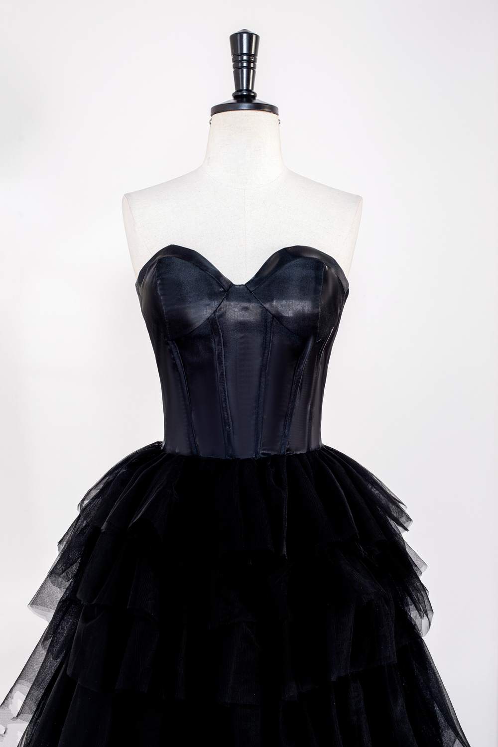 Strapless Satin Top Black Tiered  Long Prom Dress