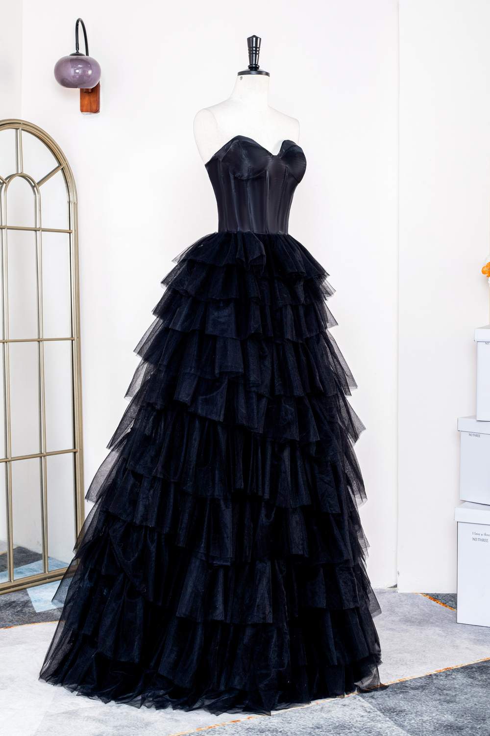 Strapless Satin Top Black Tiered  Long Prom Dress