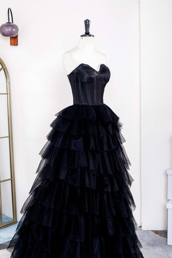 Strapless Satin Top Black Tiered  Long Prom Dress