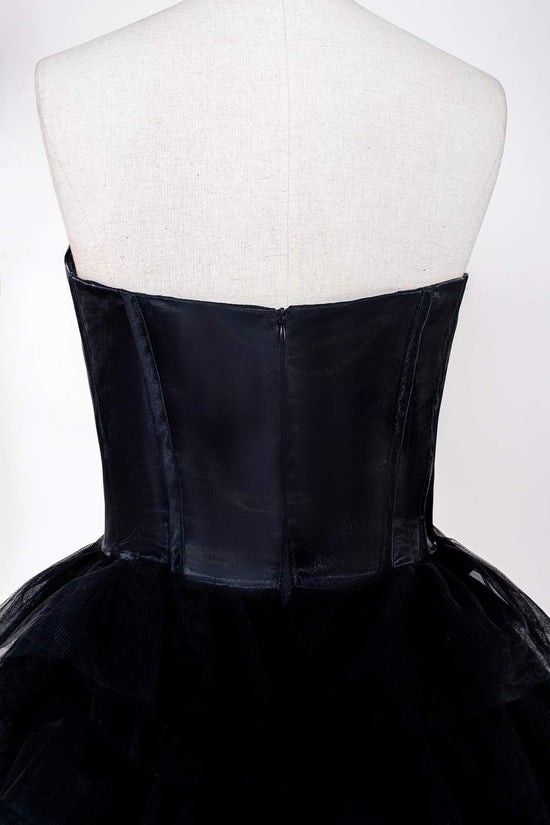 Strapless Satin Top Black Tiered  Long Prom Dress