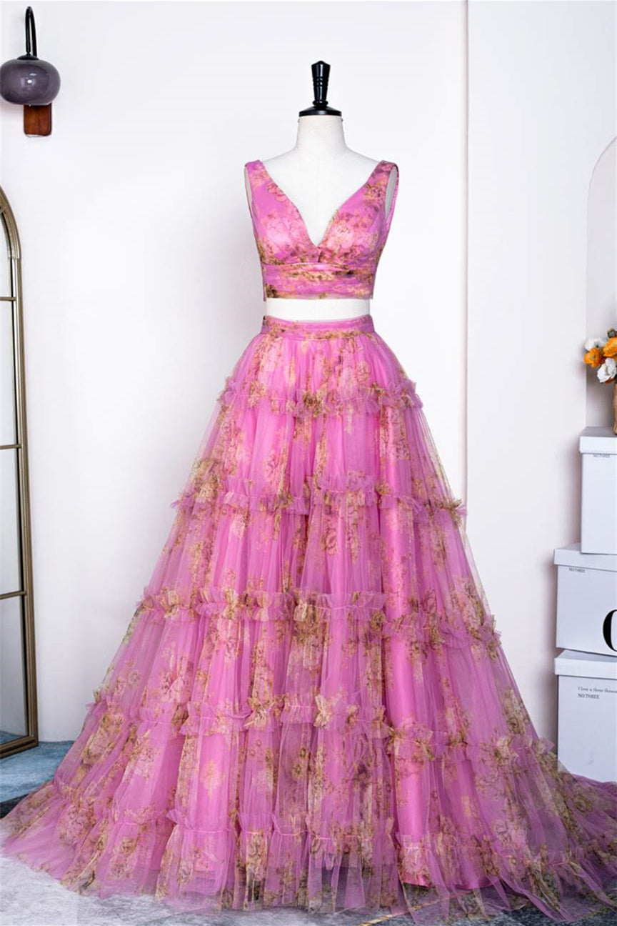 V-Neck Pink Two-Piece Ruffled Floral Tulle Long Prom Dress