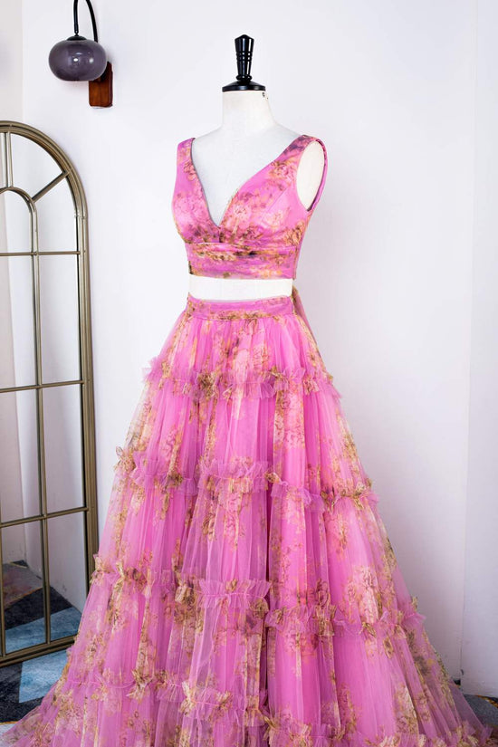 V-Neck Pink Two-Piece Ruffled Floral Tulle Long Prom Dress