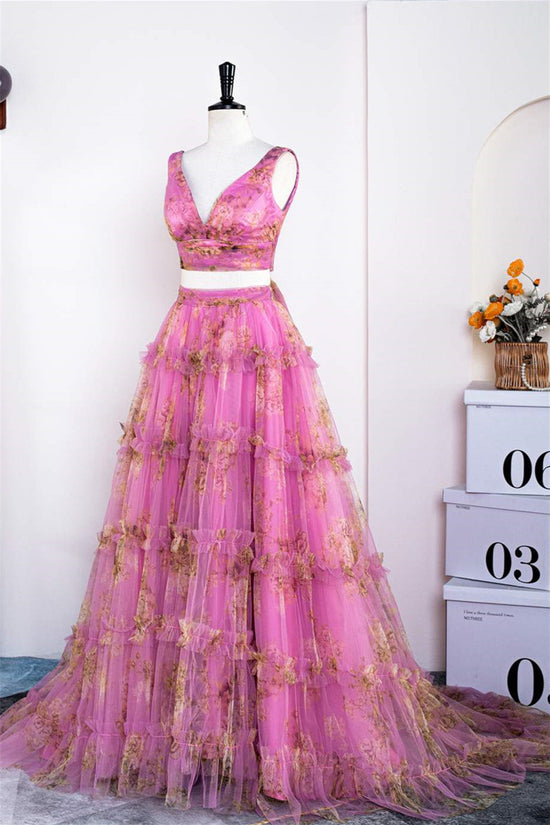 V-Neck Pink Two-Piece Ruffled Floral Tulle Long Prom Dress