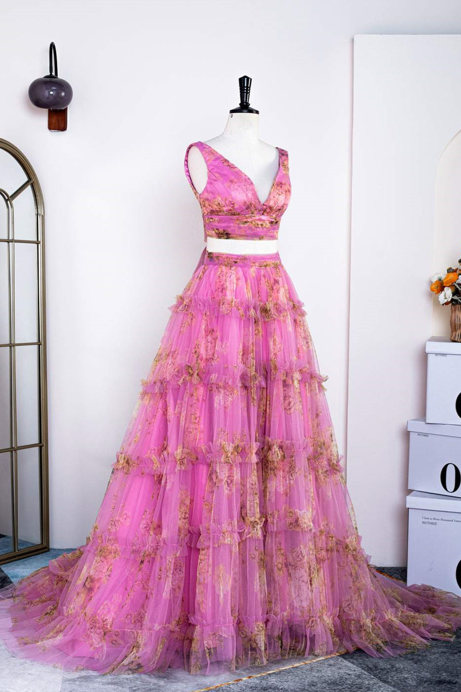 V-Neck Pink Two-Piece Ruffled Floral Tulle Long Prom Dress